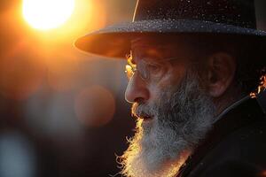 Side profile of an elderly man with a white beard wearing a hat and glasses, illuminated by warm golden sunlight with water droplets on the hat and a soft bokeh background photo