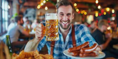 Laughing guy with a beer mug and grilled sausages at Oktoberfest photo