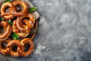 Golden salted pretzels with basil leaves on a wooden plate against a textured gray background photo