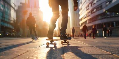 A skateboarder gliding through a modern city plaza at sunset, with warm sunlight casting long shadows and blurred pedestrians in the background creating a dynamic urban scene photo