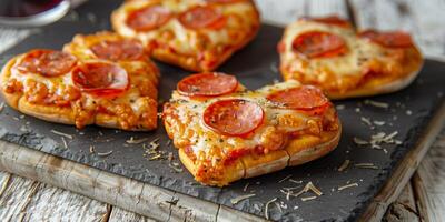 Heart-shaped mini pizzas with pepperoni, melted cheese, and herbs served on a slate board, perfect for festive or romantic occasions photo