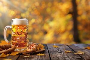 A frothy beer mug surrounded by yellow autumn leaves on an antique wooden table photo