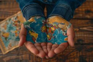 World map painted on hands symbolizing global care and interconnectedness photo