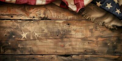 Worn American flag draped over rustic wooden planks with natural textures and grain photo