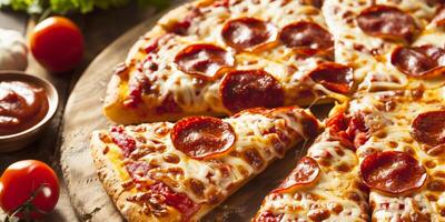 Classic pepperoni pizza with melted mozzarella cheese and crispy crust, served on a wooden board with fresh tomatoes and marinara sauce in the background photo