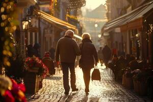 Elderly couple walking arm in arm down a charming cobblestone street, adorned with flowers and warm festive lights, basking in the golden glow of a peaceful autumn evening photo