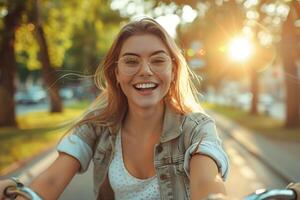 A cheerful young woman cycling on a sunny day, wearing glasses and smiling brightly, surrounded by vibrant greenery and a warm golden glow photo
