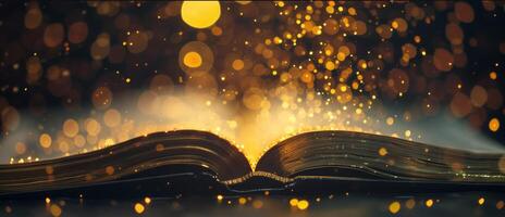 An open book glowing with magical golden light, surrounded by bokeh, symbolizing imagination, knowledge, and storytelling photo