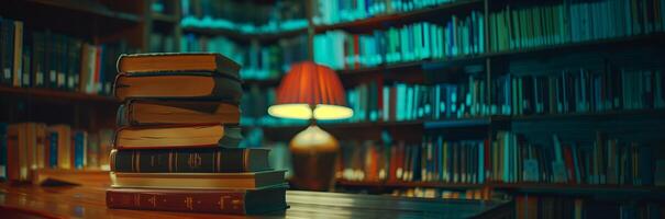 Library with a table holding a stack of books photo
