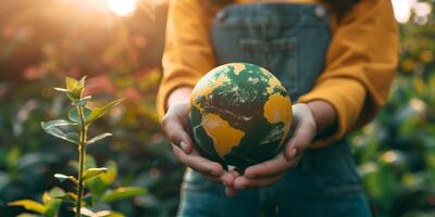 Hands holding a globe with green continents, surrounded by lush plants and sunlight, symbolizing environmental conservation, sustainability, and global care photo