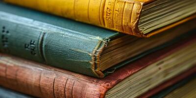 Close-up of a stack of vintage books with worn covers and aged pages, symbolizing knowledge, history, and timeless literature photo