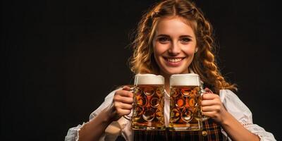 Smiling woman in Bavarian dirndl holding two frothy beer mugs, celebrating Oktoberfest against a dark background photo