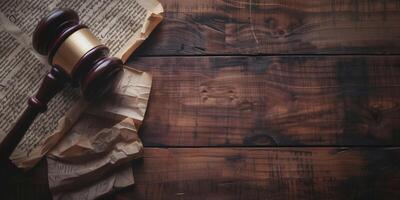 Wooden judge gavel lying on aged legal documents over vintage dark wooden table photo