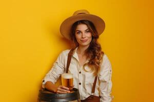 A girl with a long braid and straw hat holding a beer mug against a yellow background photo