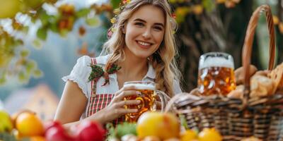 Smiling woman in traditional attire holding a frothy beer mug, surrounded by a basket of bread and fruits in an outdoor festive setting photo