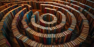 Books arranged in a circular maze pattern, creating a unique artistic design with vibrant colors and diverse textures, symbolizing knowledge, discovery, and intellectual exploration photo