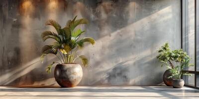 Modern indoor space with large potted tropical plants against a textured concrete wall, illuminated by natural sunlight through a glass window photo