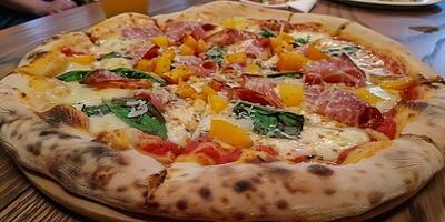 Pizza with ham and vegetables on a table in a cafe photo