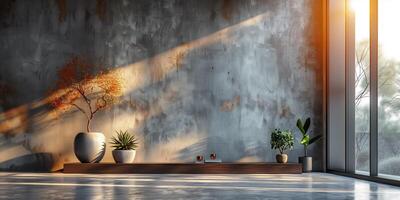 Modern interior with textured walls, a minimalist wooden platform holding potted plants, sunlight casting dramatic shadows through large glass windows photo