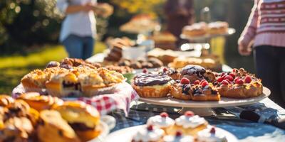 Catering setup with various snacks arranged on a table in a park, creating a casual outdoor dining atmosphere photo