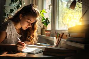 Young woman studying at a desk by a sunlit window, focused on writing in a notebook, surrounded by books and stationery in a cozy home environment photo