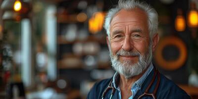 Senior male doctor with white hair and beard, smiling warmly, wearing a stethoscope and dark professional attire in a cozy and well-lit environment photo