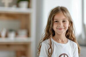 Smiling girl with long hair in an interior setting photo