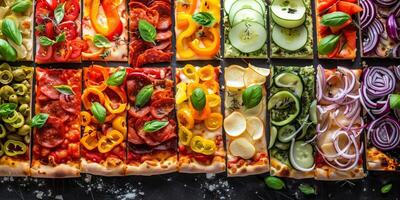 Assorted rectangular pizzas with vibrant toppings including peppers, tomatoes, zucchini, onions, olives, and basil, creatively arranged for a colorful and appetizing presentation photo