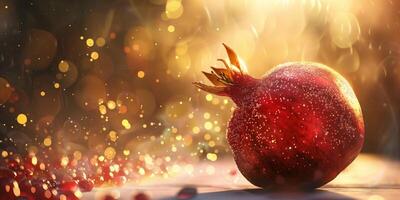 A glistening pomegranate with dewdrops surrounded by scattered seeds and warm golden bokeh lights creating a dreamy, festive atmosphere photo