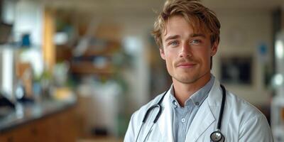 Young doctor with a confident smile wearing a white coat and stethoscope in a bright, modern medical setting photo