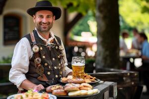 Smiling man in traditional Bavarian attire holding plates of pretzels and snacks with a beer stein in an outdoor beer garden setting photo