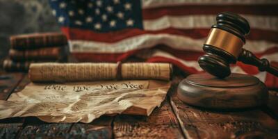 American flag with a judge's gavel, rolled parchment, and legal documents on a vintage wooden table photo