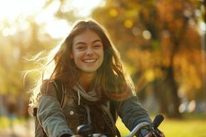 A cheerful young woman riding a bike through a park on a sunny autumn day, with golden leaves and a radiant smile reflecting joy and freedom photo