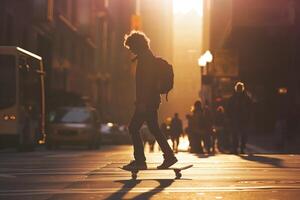 A silhouette of a skateboarder riding through a sunlit city street at dusk, with a warm glow, blurred pedestrians, and vehicles creating a vibrant urban atmosphere photo
