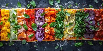 Colorful rectangular pizza with sections of vibrant toppings including tomatoes, peppers, onions, arugula, basil, and cured meats, arranged beautifully for a unique and appetizing presentation photo