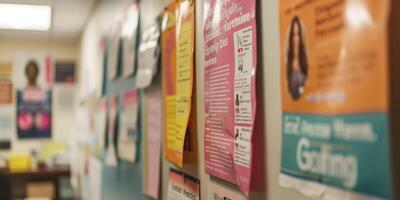 Colorful flyers and posters displayed on a bulletin board in a hallway, creating an organized and informative atmosphere for announcements and communication photo