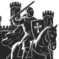 Medieval Knight on Horseback with Sword and Shield in Castle Setting Art vector
