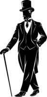 Elegant Gentleman in Top Hat with Cane Silhouette for Vintage Design and Art Projects vector