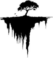 Floating Island Silhouette with Tree on Purple Background for Art and Design Projects vector