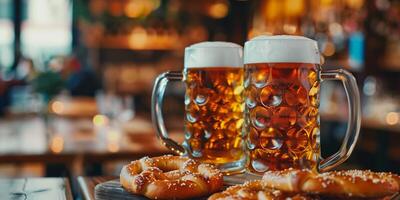 Two beer mugs on a table in a beer hall during Oktoberfest photo