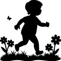 Silhouette of Child Playing in Garden with Flowers and Butterfly Art vector