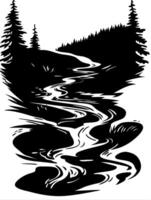 Serene Mountain Stream Silhouette Art for Nature Prints and Designs vector