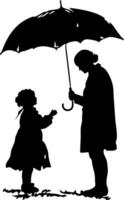 Silhouette of Parent and Child with Umbrella Bonding in Rain vector