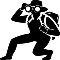 Silhouette Adventurer with Binoculars Exploring Wilderness Art vector