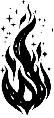 Fiery Flame Silhouette with Sparkling Stars for Tattoo or Coloring Book Designs