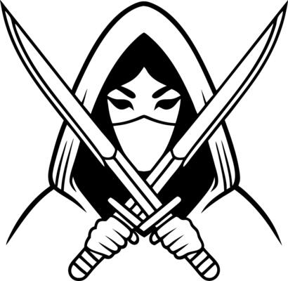 Mysterious Ninja Warrior with Swords Art for Tattoos and Coloring Books
