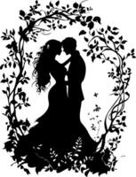 Romantic Couple Silhouette Embracing in Floral Frame for Wedding Art and Romance Themes vector