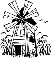 Rustic Windmill Illustration with Flowers and Birds Perfect for Coloring and Design vector