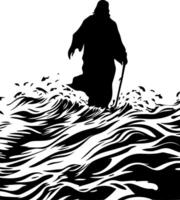 Silhouette of Figure Walking on Rough Sea Water Waves Illustration vector