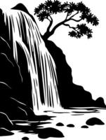 Tranquil Waterfall with Tree Silhouette Art for Relaxation and Design Projects vector